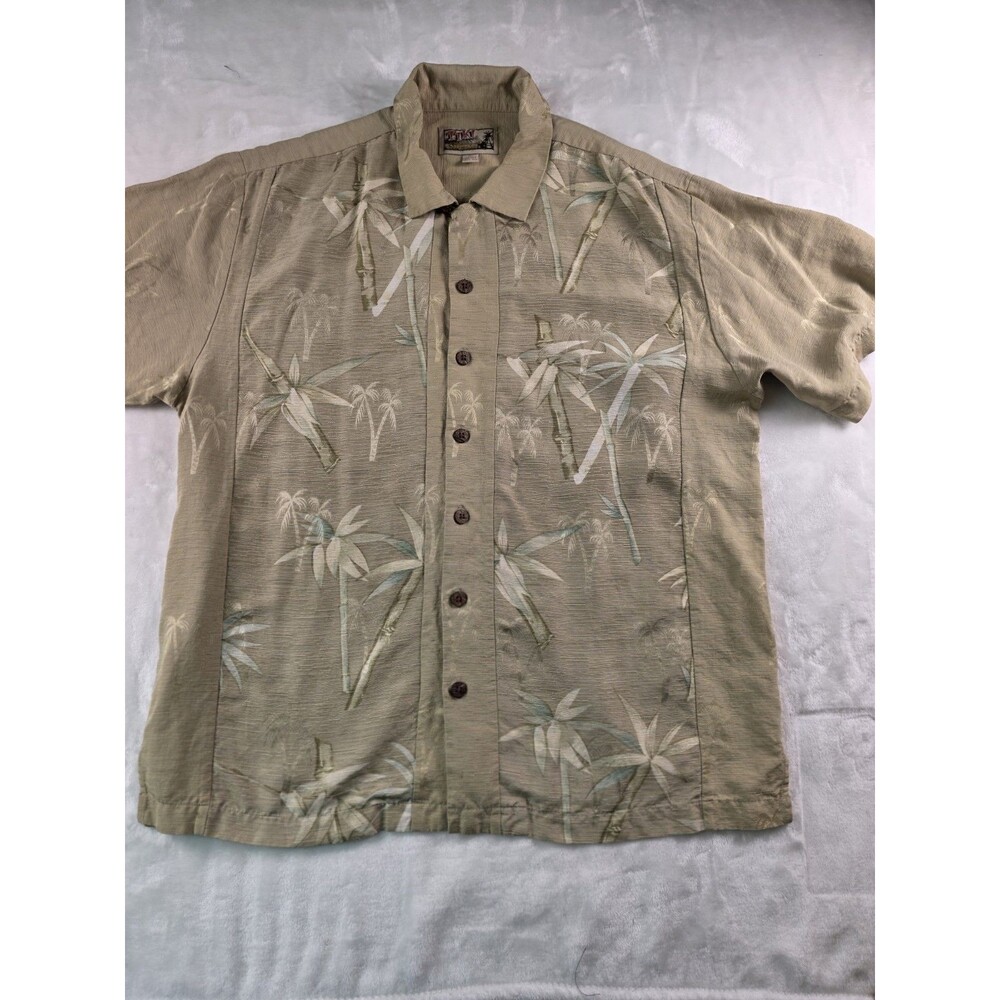 Tiki Classic‎ 100% Silk SZ Large Embroidered Palm Tree Hawaiian Shirt